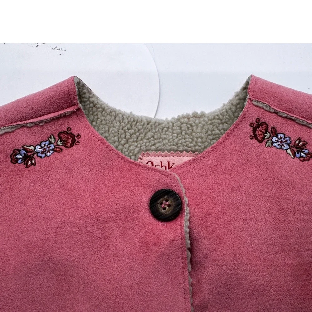 OshKosh Baby Girls Pink Faux Suede Sherpa Lined Floral Embroidered Vest 24M